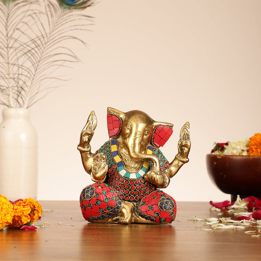 Brass Ganesha statue with tilted head 7 inch - Budhshiv.com