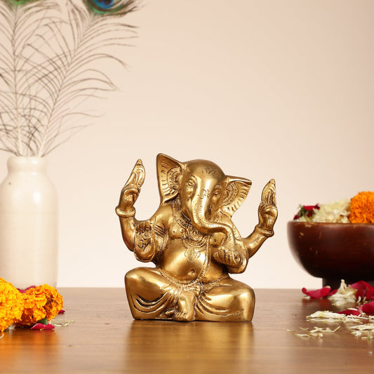 Brass Ganesha statue with tilted head 7 inch - Budhshiv.com