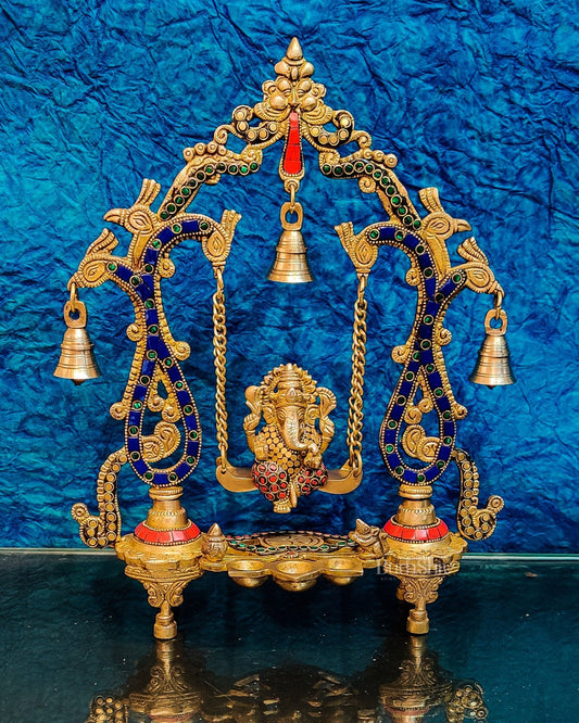 Brass Ganesha Swing with Three Diyas - Handcrafted Beauty - Budhshiv.com