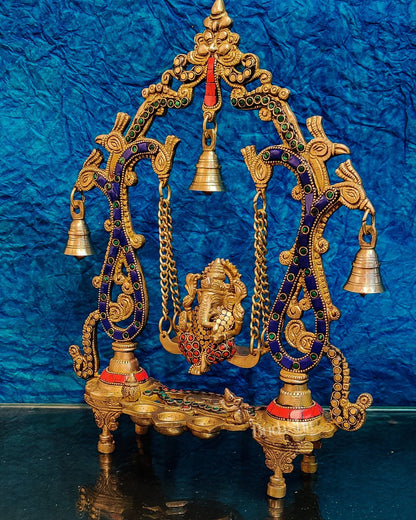 Brass Ganesha Swing with Three Diyas - Handcrafted Beauty - Budhshiv.com