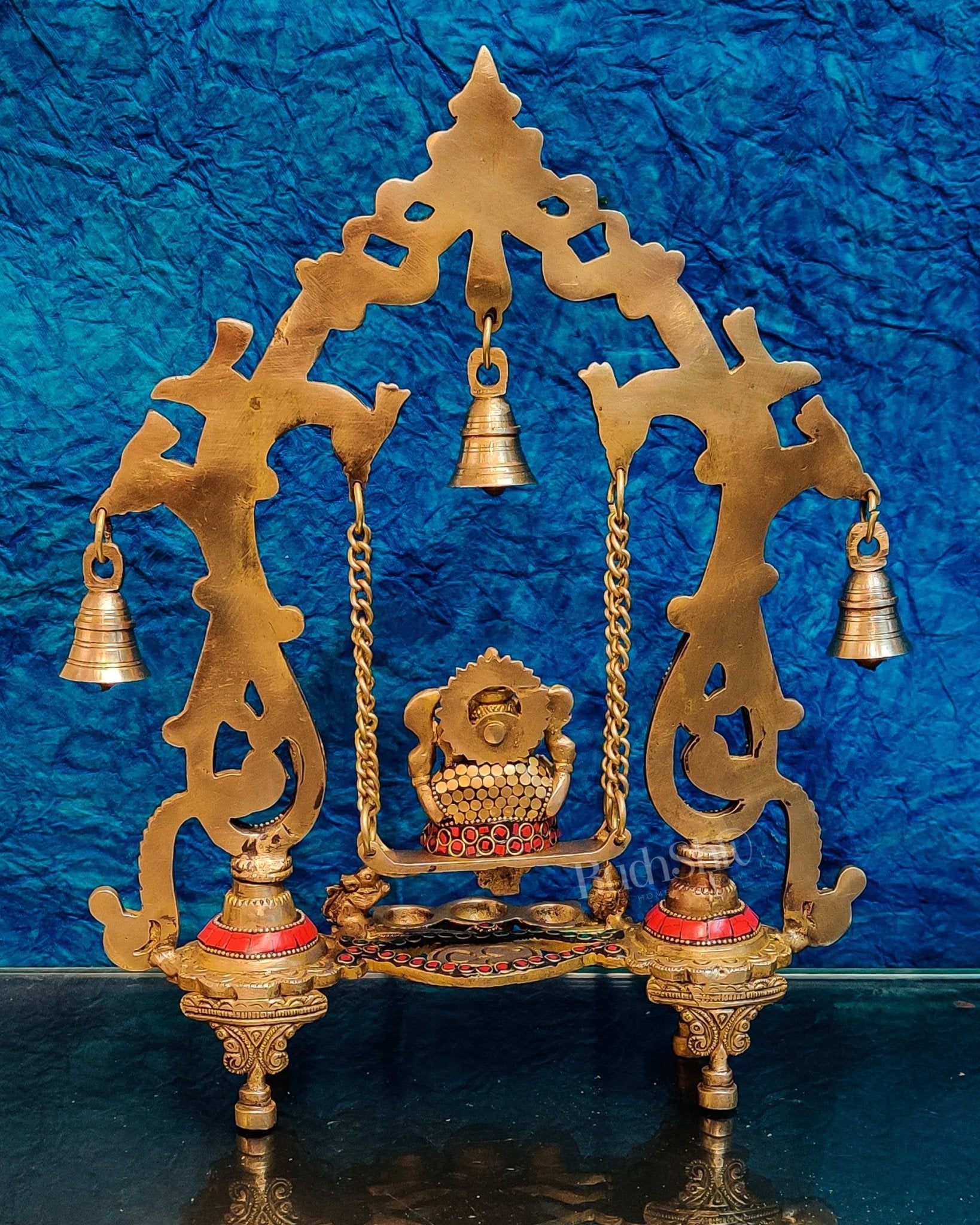 Brass Ganesha Swing with Three Diyas - Handcrafted Beauty - Budhshiv.com