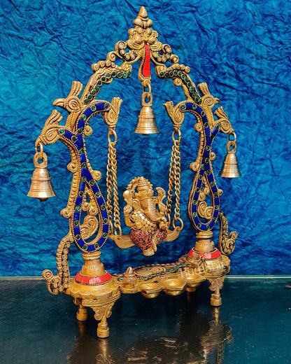 Brass Ganesha Swing with Three Diyas - Handcrafted Beauty - Budhshiv.com