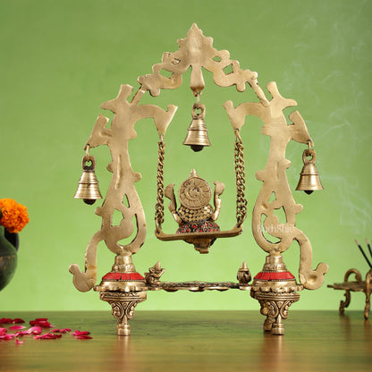 Brass Ganesha Swing with Three Diyas - Handcrafted Beauty - Budhshiv.com