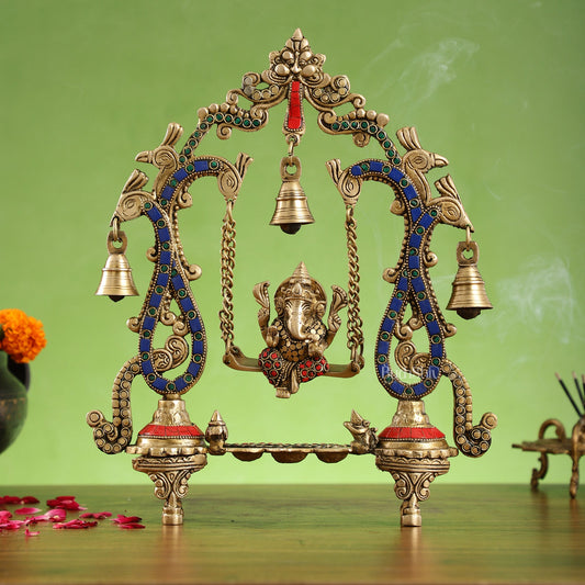 Brass Ganesha Swing with Three Diyas - Handcrafted Beauty - Budhshiv.com