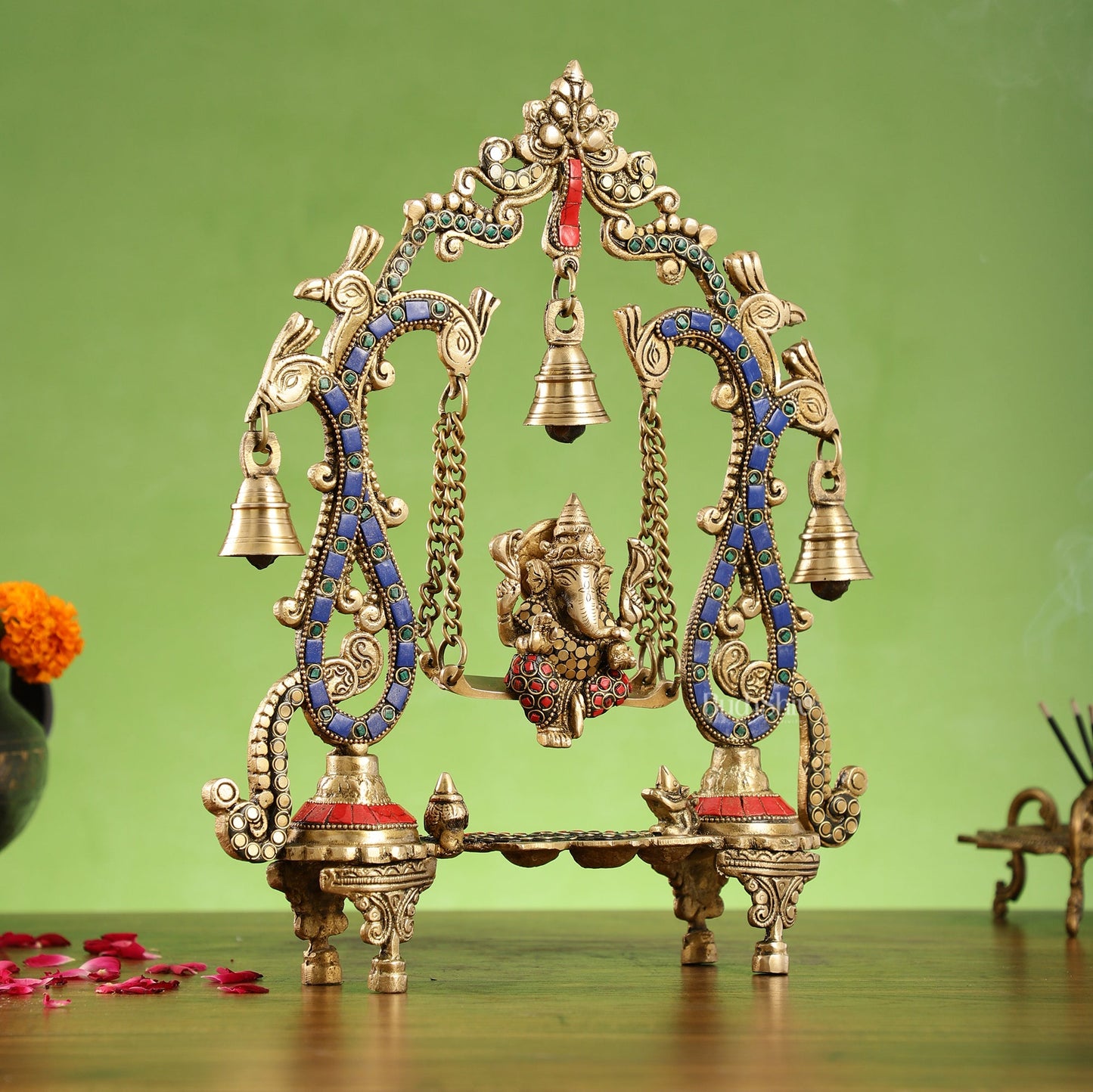 Brass Ganesha Swing with Three Diyas - Handcrafted Beauty - Budhshiv.com