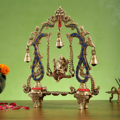 Brass Ganesha Swing with Three Diyas - Handcrafted Beauty - Budhshiv.com