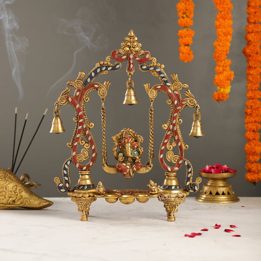 Brass Ganesha Swing with Three Diyas - Handcrafted Perfection with stonework - Budhshiv.com