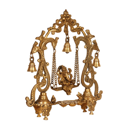 Brass Ganesha Swing with Three Diyas - Handcrafted Perfection - Budhshiv.com