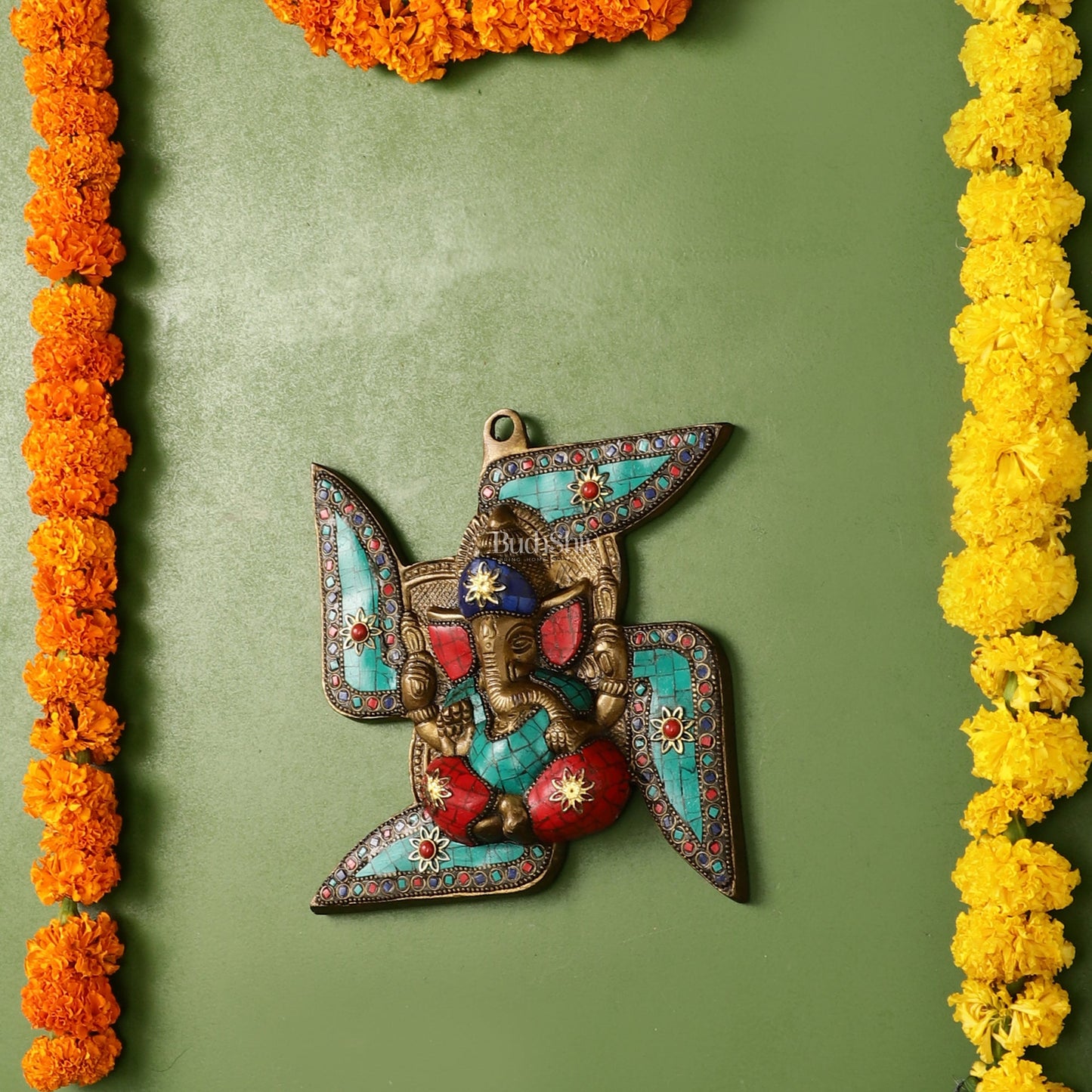 Brass Ganesha Wall Hanging on Swastik - 7 x 7 inch - Budhshiv.com