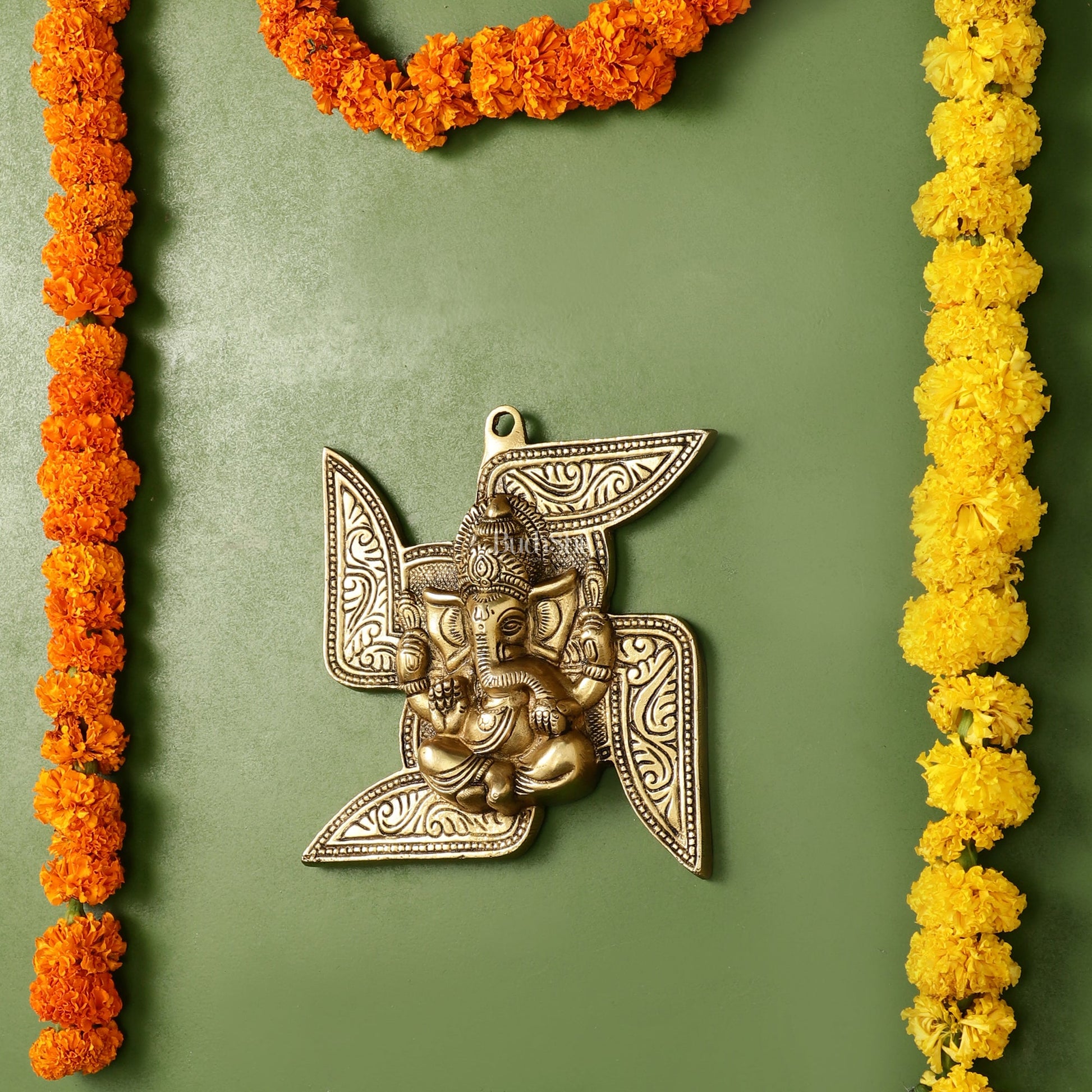 Brass Ganesha Wall Hanging on Swastik - 7 x 7 inch - Budhshiv.com