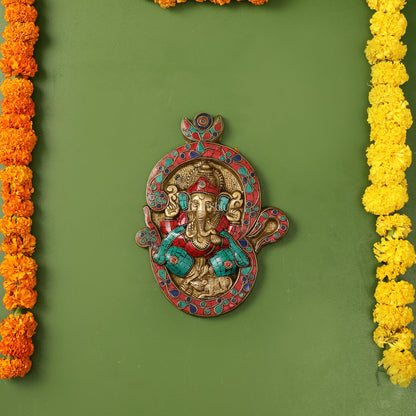Brass Ganesha Wall Hanging with Stonework - 9 x 6.5 inch - Budhshiv.com