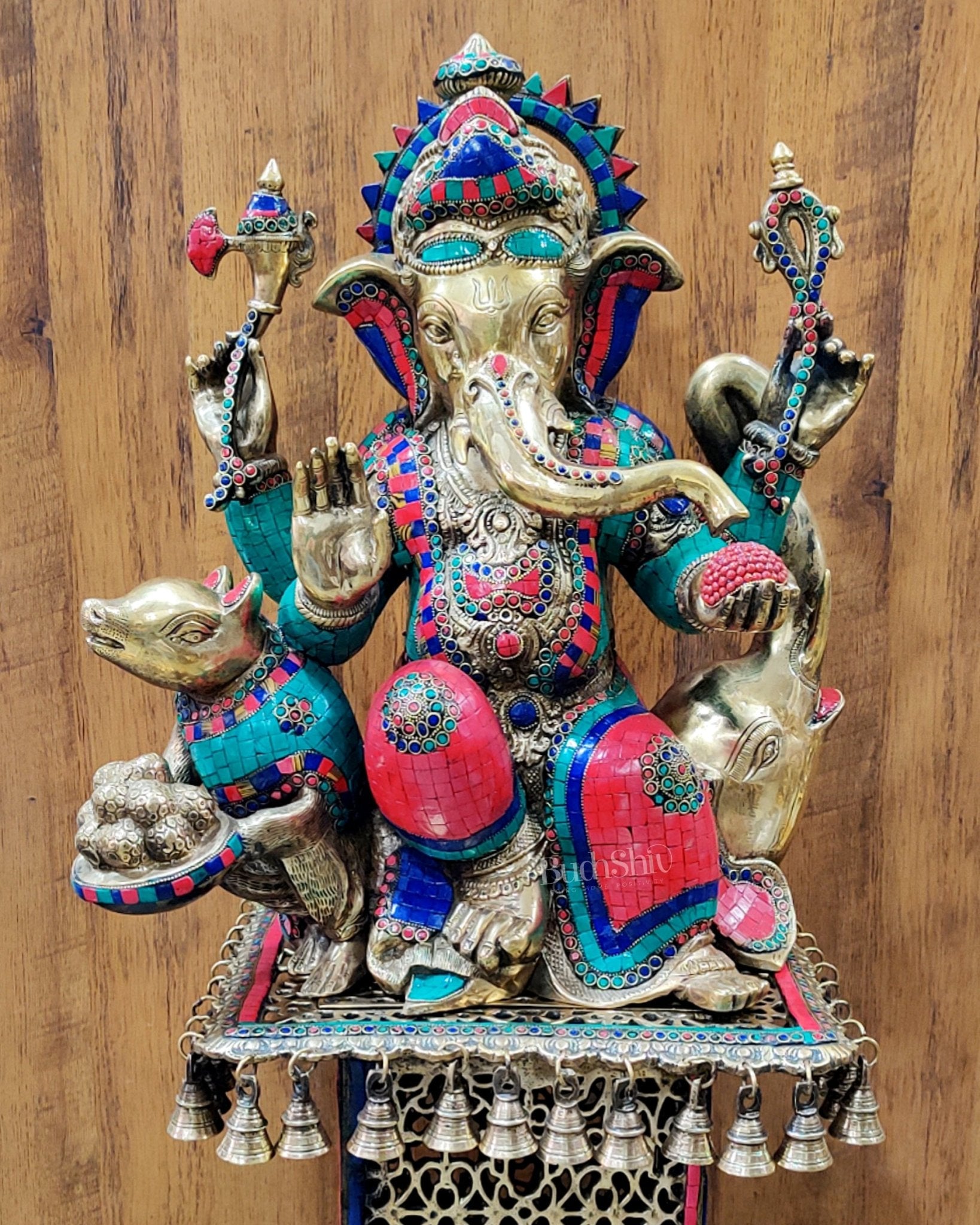 Brass Ganesha With a big mouse and Elephant on the sides 21 inch - Budhshiv.com
