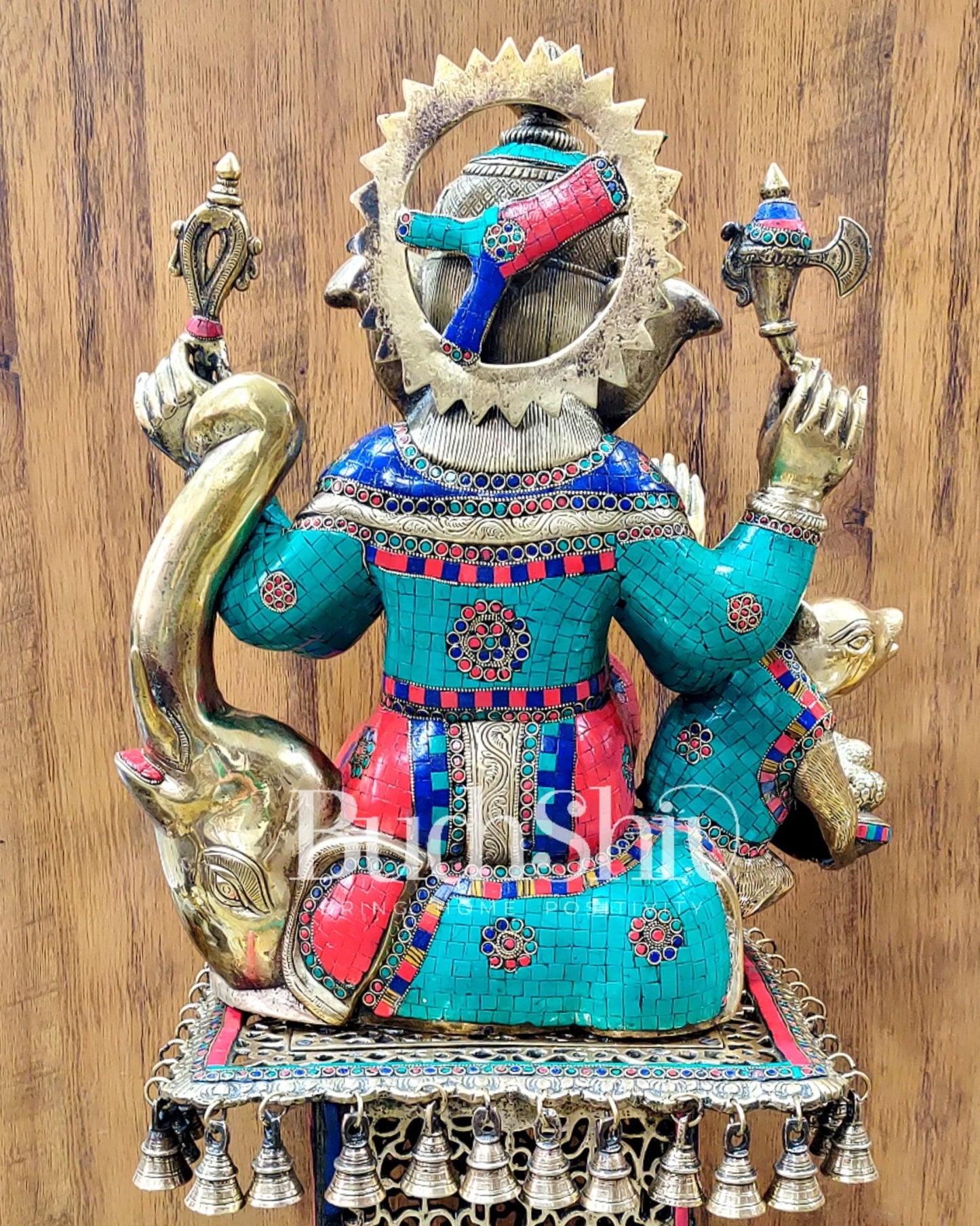 Brass Ganesha With a big mouse and Elephant on the sides 21 inch - Budhshiv.com