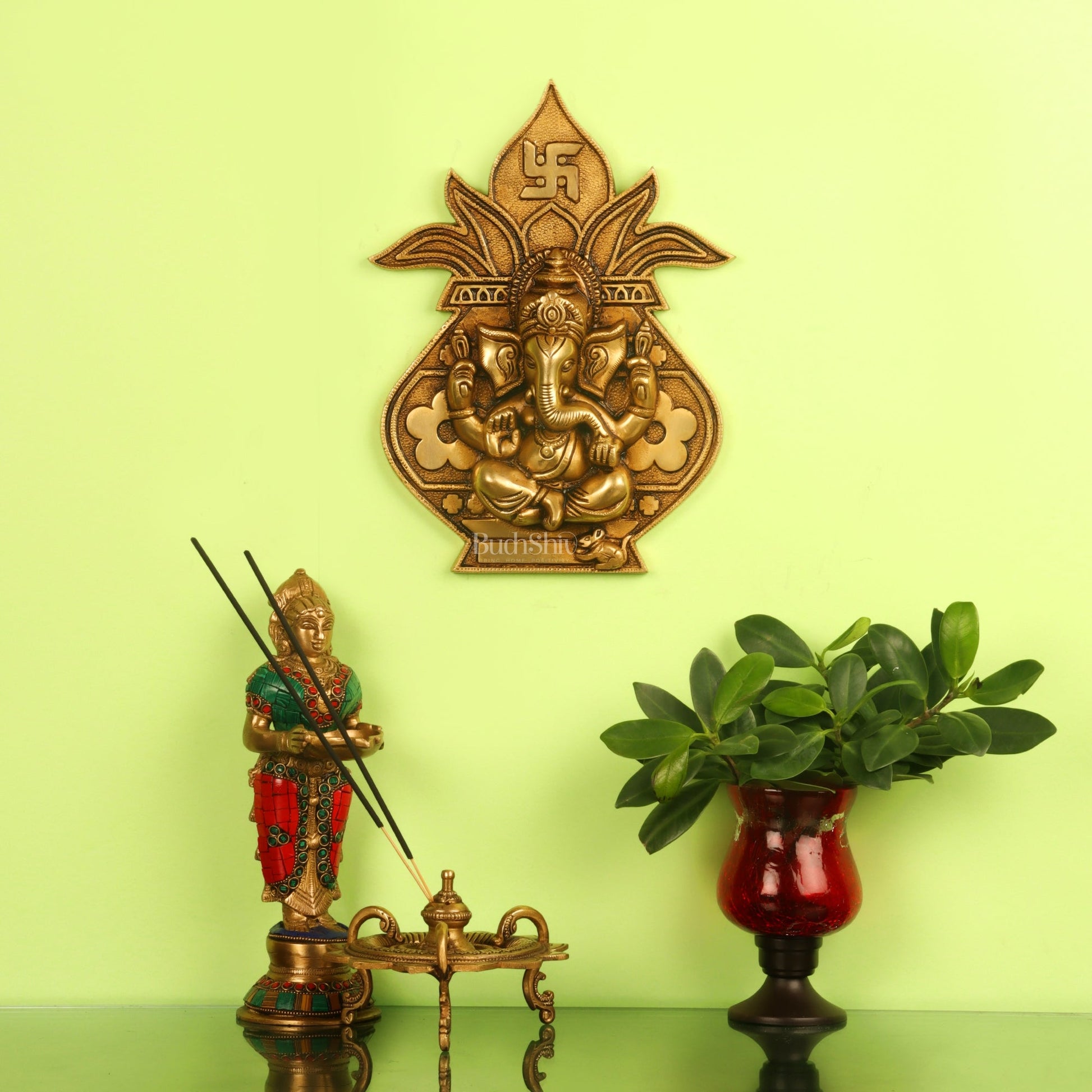 Brass Ganesha with Kalash and swastik Wall Hanging 10" - Budhshiv.com