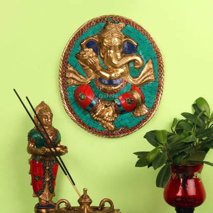 Brass Ganesha with modak bowl Wall Hanging Stonework 9" - Budhshiv.com