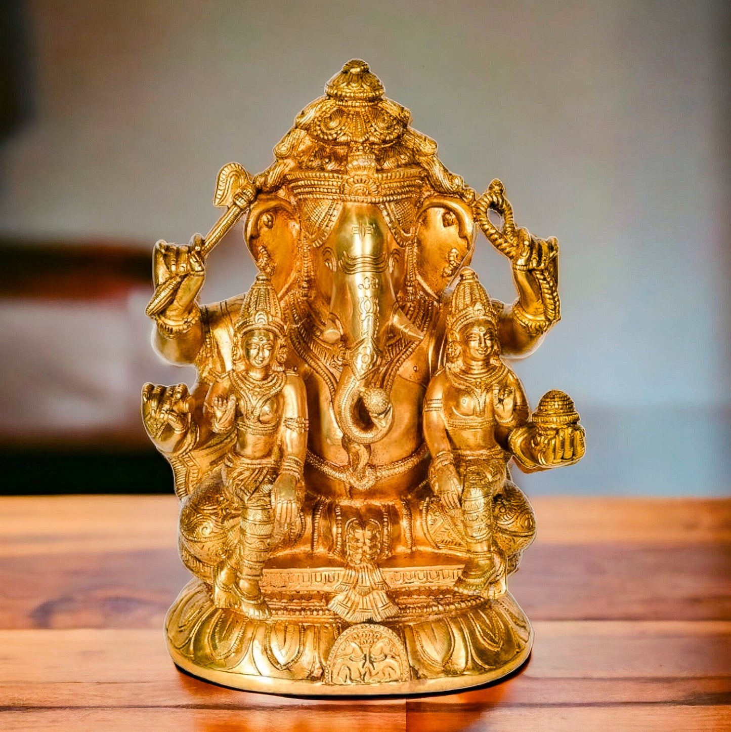 Brass Ganesha with Wives Riddhi and Siddhi - 12 Inch - Budhshiv.com