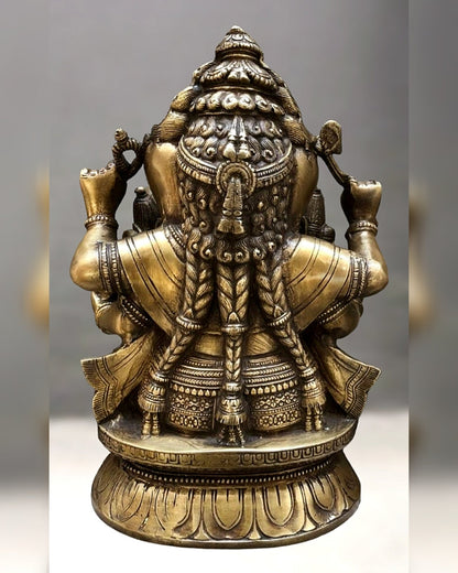Brass Ganesha with Wives Riddhi and Siddhi - 12 Inch - Budhshiv.com