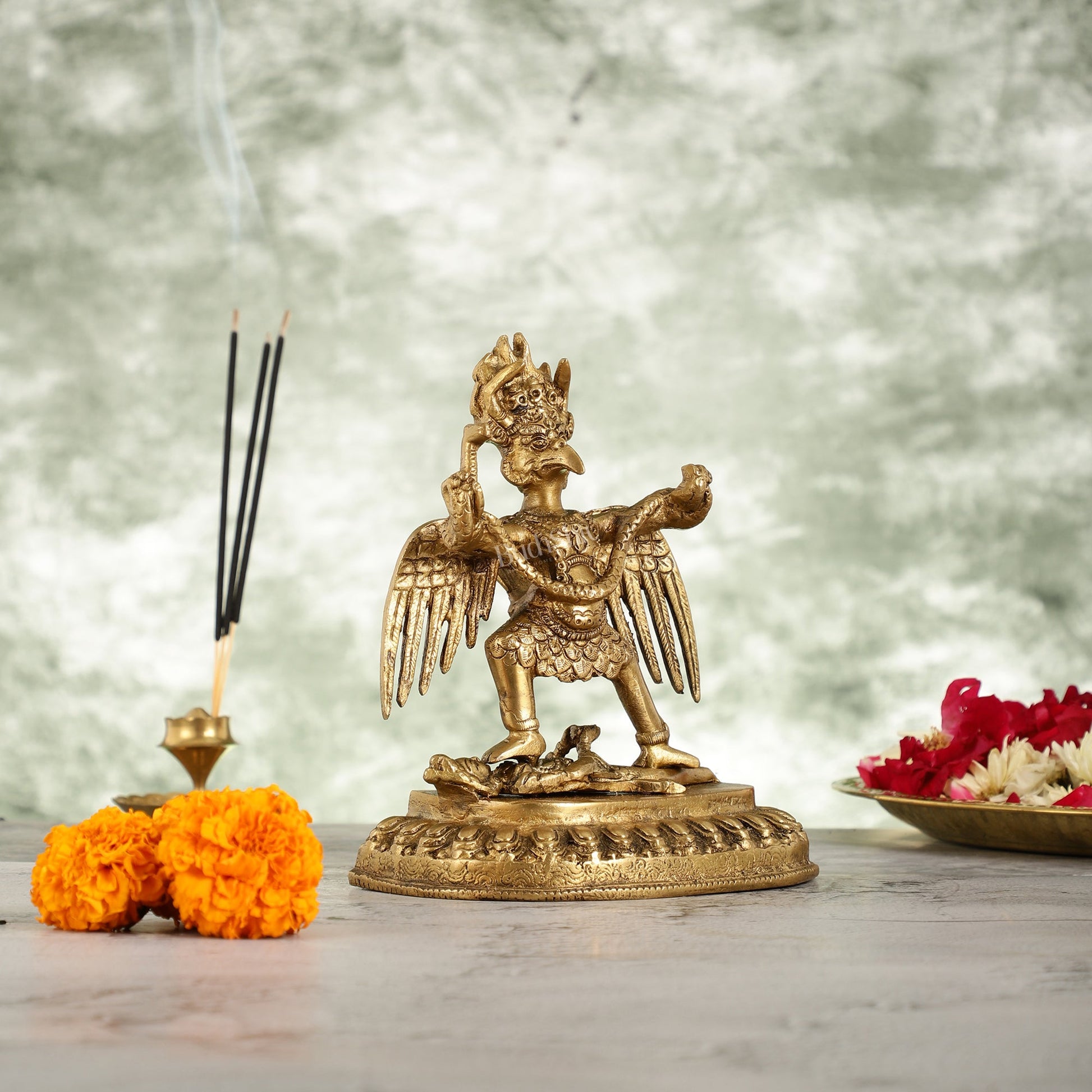 Brass Garuda Standing on Nagaraja Idol - 7 Inch - Budhshiv.com