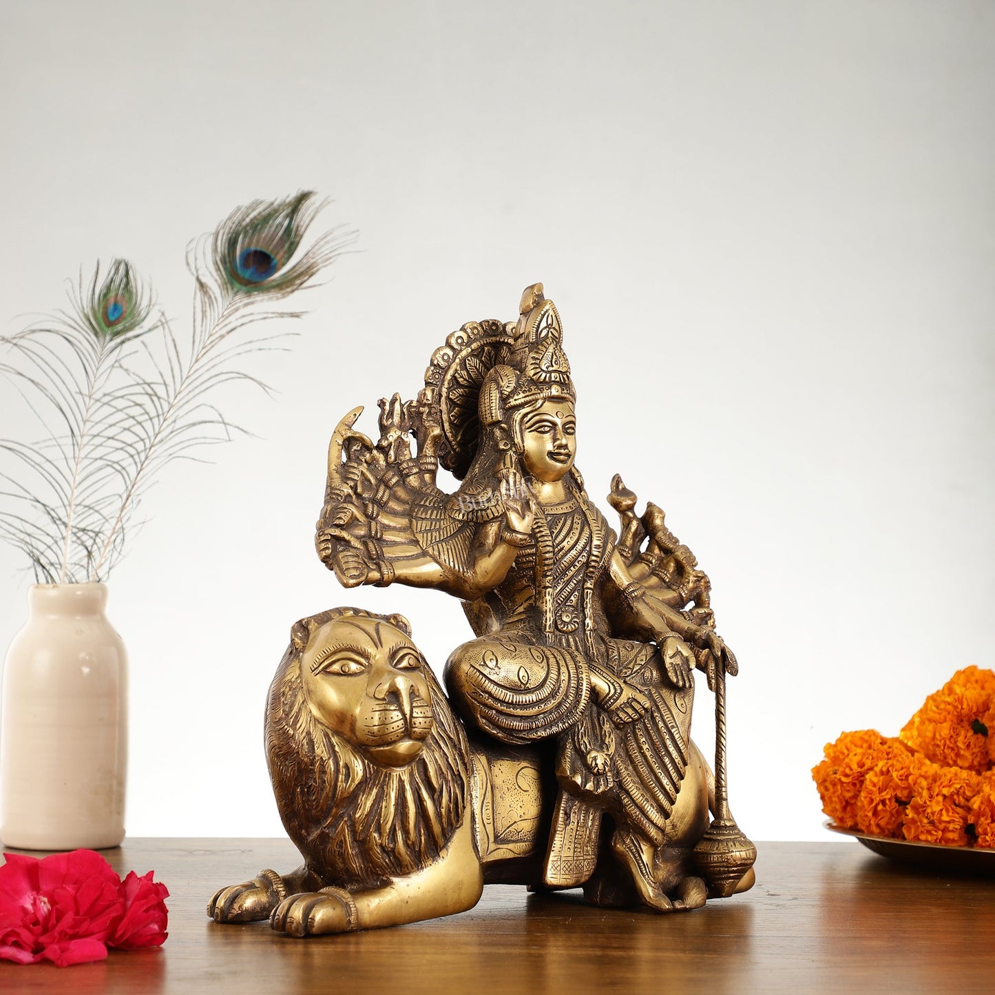 Brass Goddess Durga with Eighteen Arms Seated on Lion Idol - 12 Inch - Budhshiv.com