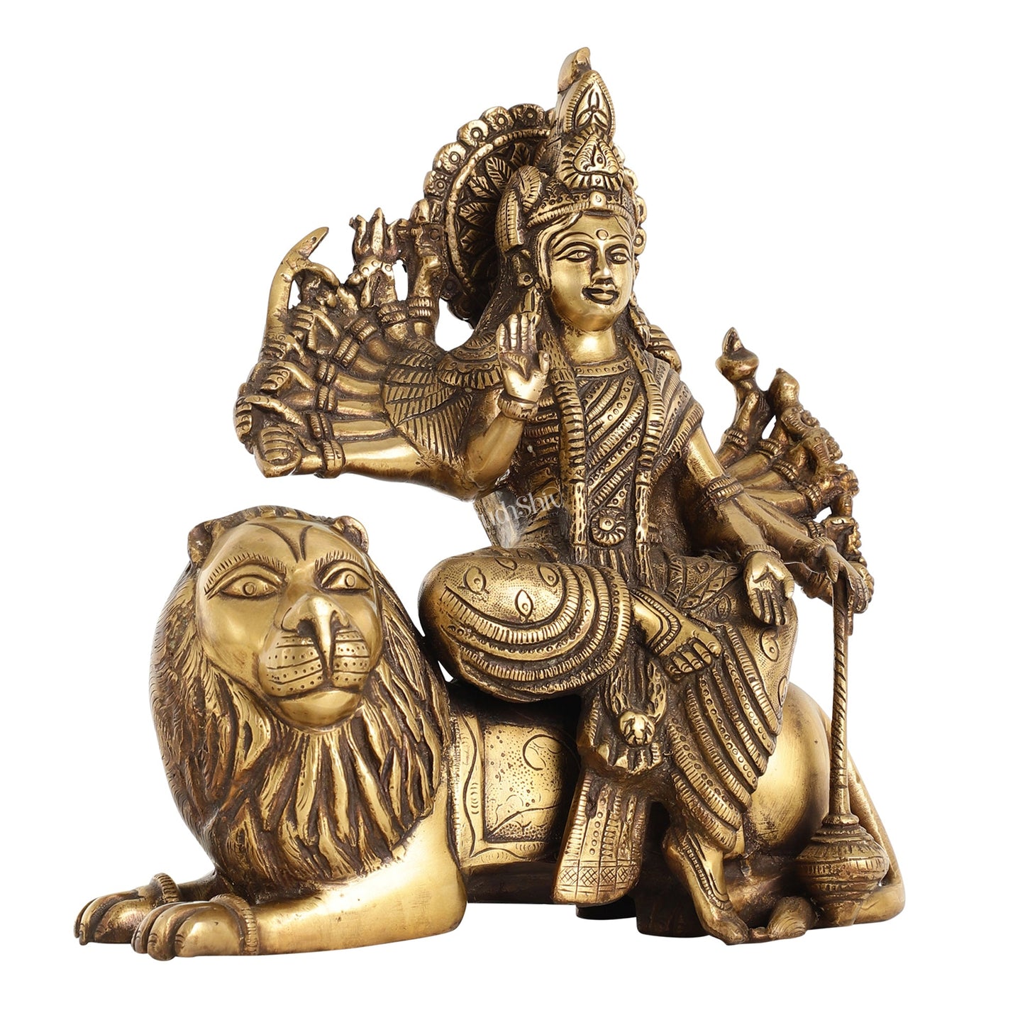 Brass Goddess Durga with Eighteen Arms Seated on Lion Idol - 12 Inch - Budhshiv.com