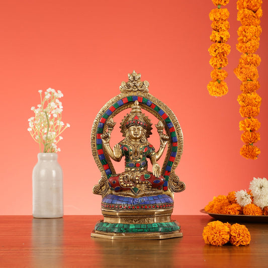 Brass Goddess Lakshmi Murti with Stonework Idol - 11.5 Inch - Budhshiv.com