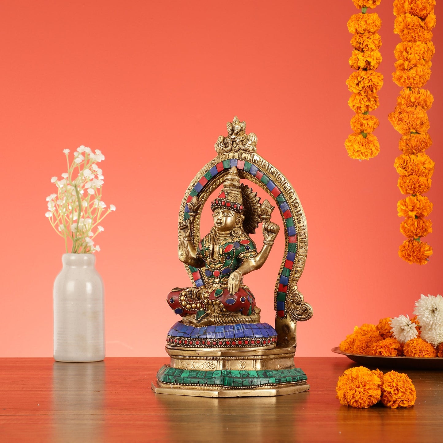 Brass Goddess Lakshmi Murti with Stonework Idol - 11.5 Inch - Budhshiv.com