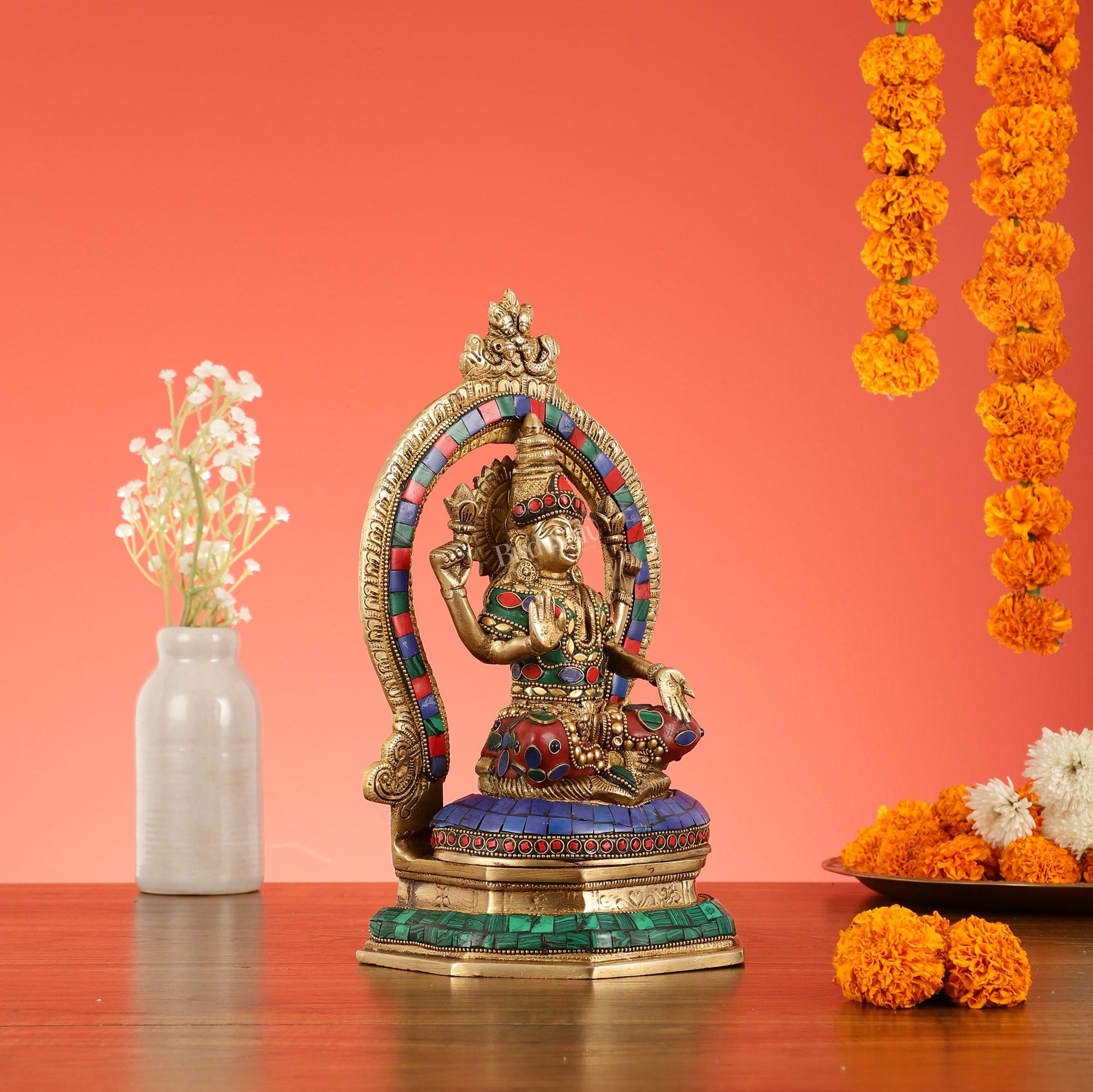 Brass Goddess Lakshmi Murti with Stonework Idol - 11.5 Inch - Budhshiv.com