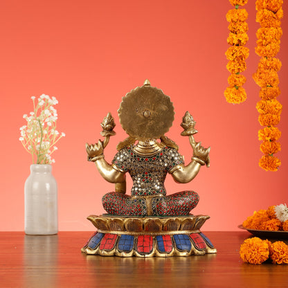 Brass Goddess Lakshmi on Lotus Idol - 11 Inch - Budhshiv.com