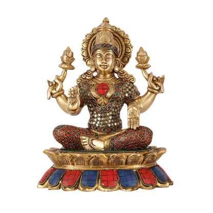 Brass Goddess Lakshmi on Lotus Idol - 11 Inch - Budhshiv.com