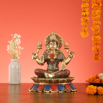 Brass Goddess Lakshmi on Lotus Idol - 11 Inch - Budhshiv.com