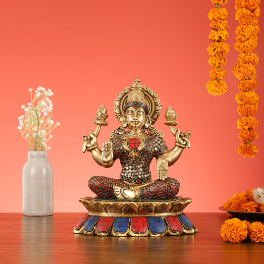 Brass Goddess Lakshmi on Lotus Idol - 11 Inch - Budhshiv.com