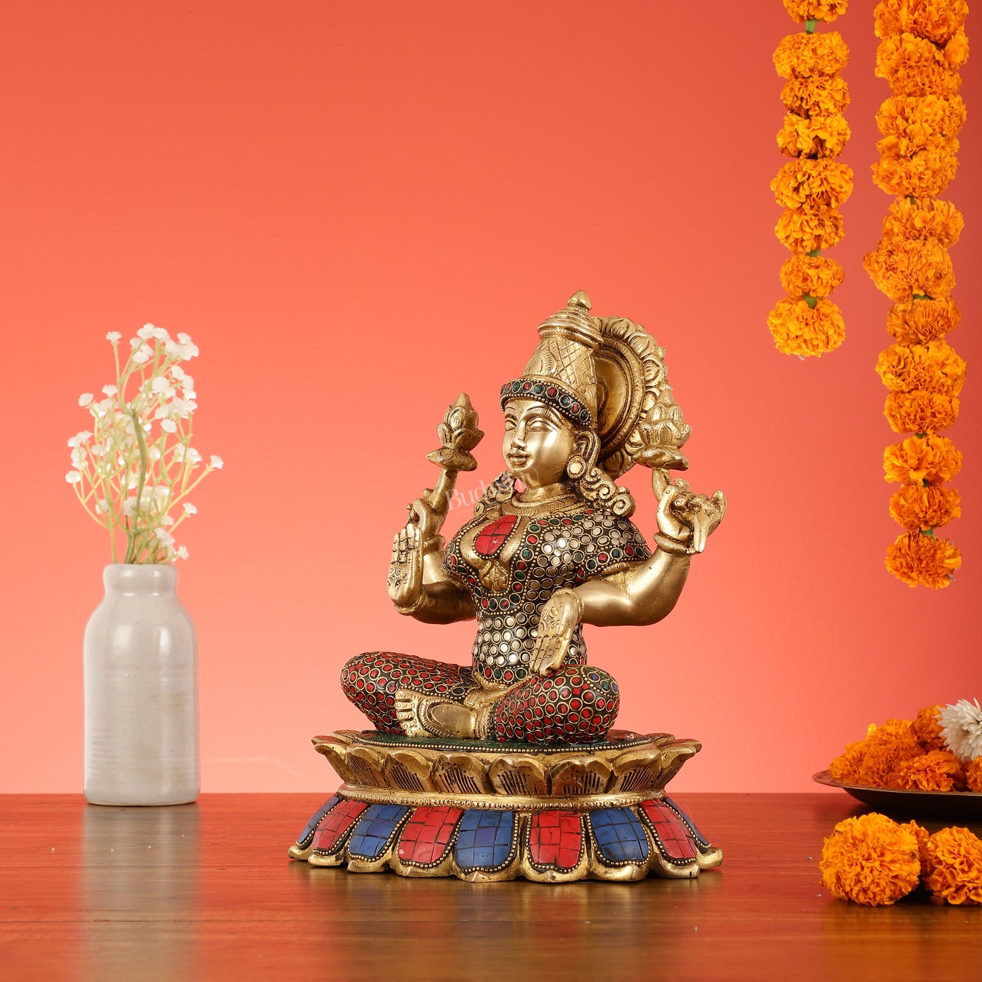 Brass Goddess Lakshmi on Lotus Idol - 11 Inch - Budhshiv.com