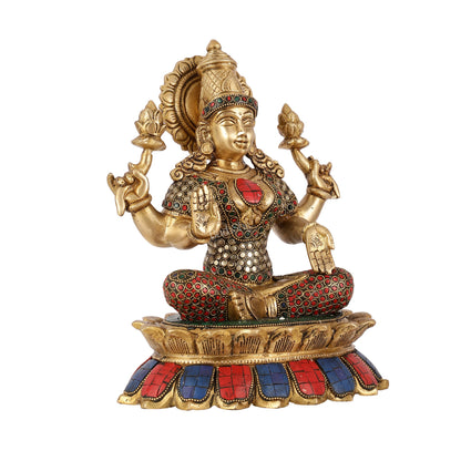 Brass Goddess Lakshmi on Lotus Idol - 11 Inch - Budhshiv.com