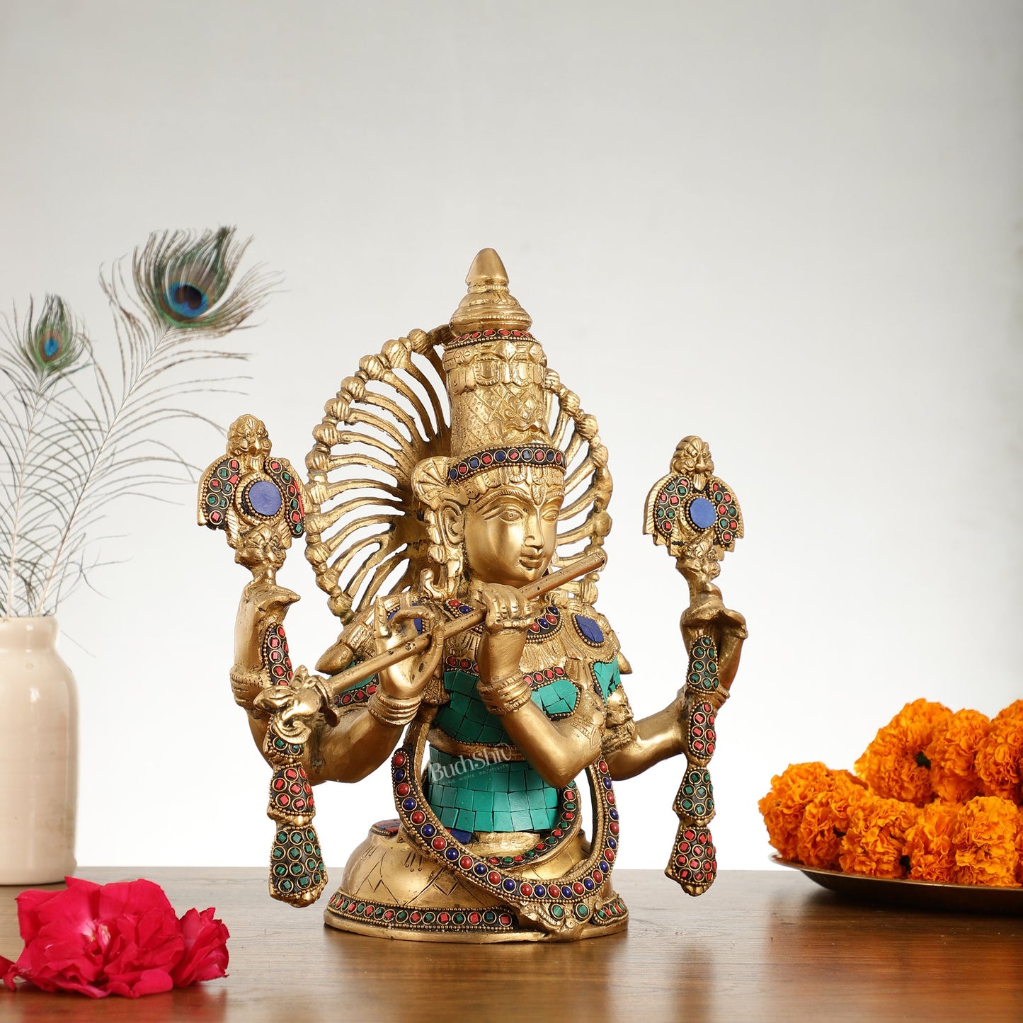 Brass Half Body Lord Krishna Bust Table Accent - 13.5 - Budhshiv.com