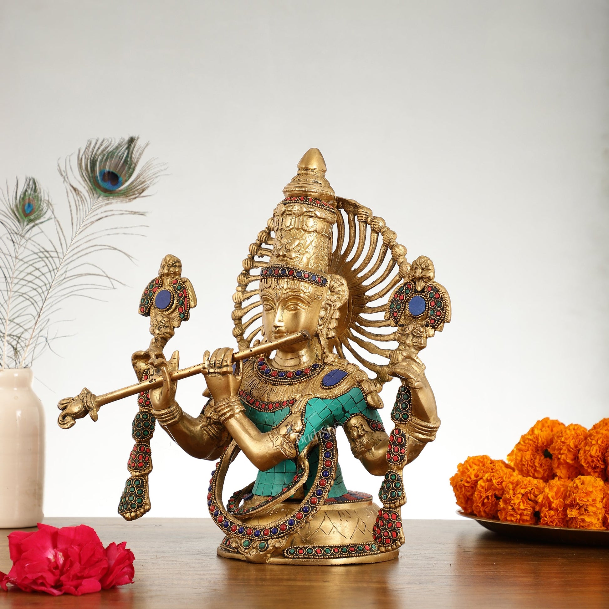 Brass Half Body Lord Krishna Bust Table Accent - 13.5 - Budhshiv.com