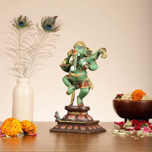Brass Hand-Painted Dancing Ganesha Statue - 10 Inch - Budhshiv.com