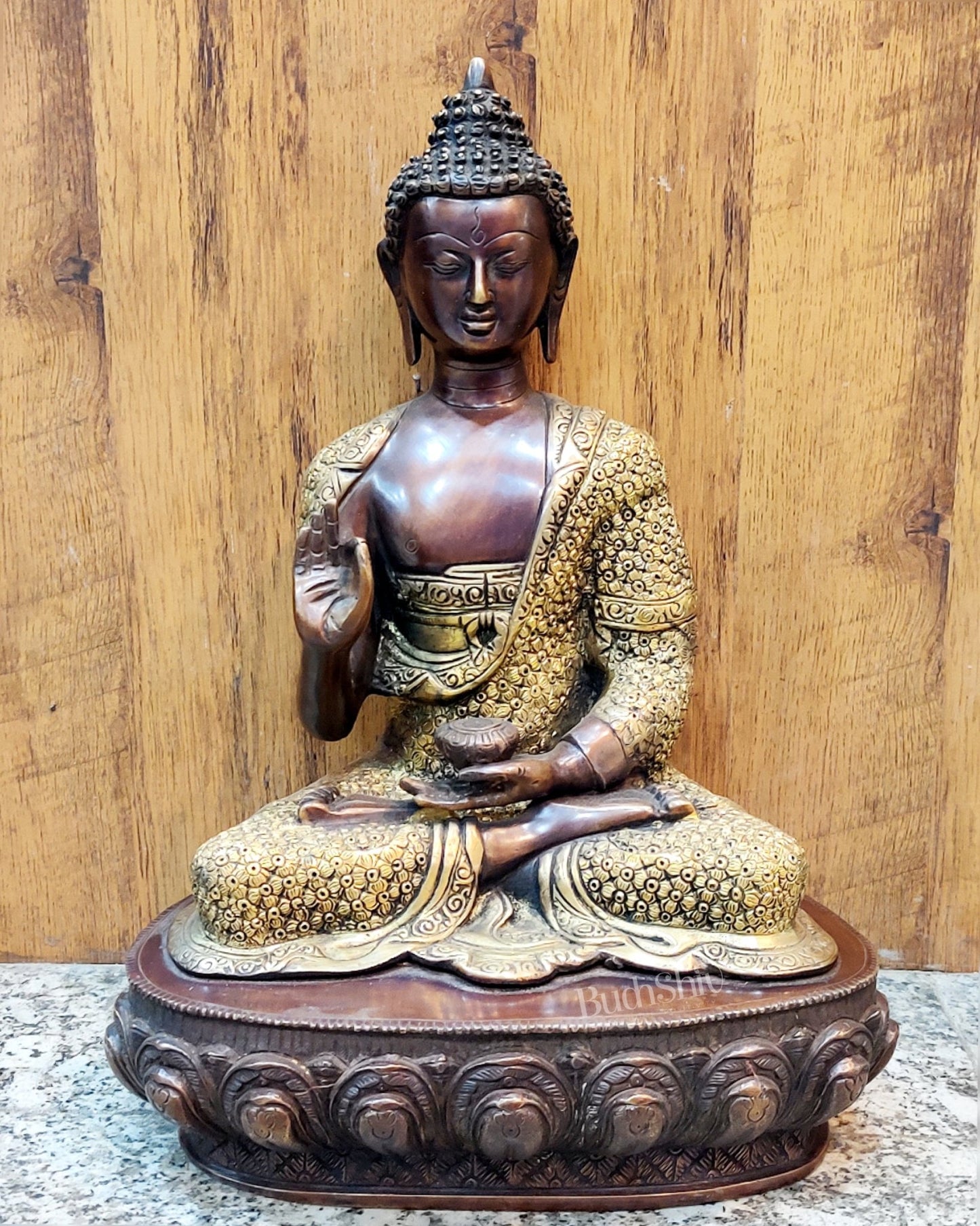 Brass Handcarved Buddha Statue | Blessing Abhaya Mudra | 16" x 11.5" x 8" - Budhshiv.com