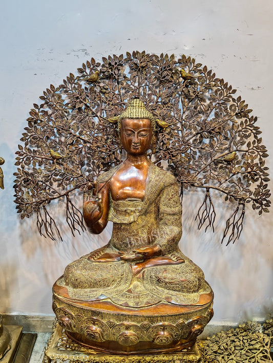Brass Handcrafted Buddha Statue - Abhaya Mudra with Intricate Brass Kalpavriksha 43" - Budhshiv.com