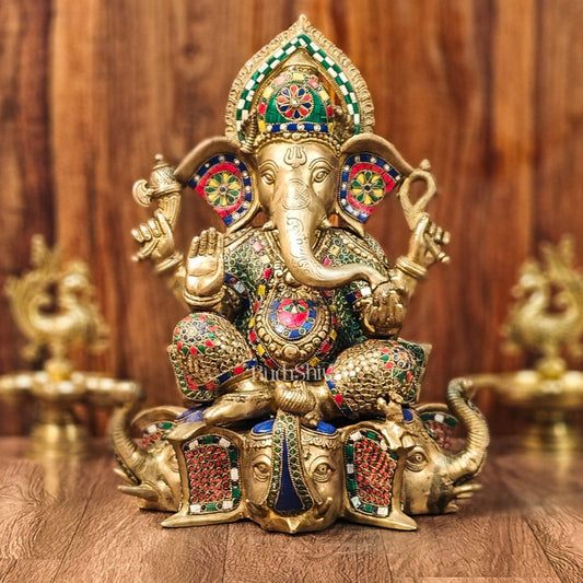 Brass Handcrafted Ganapathi Statue Seated on Three Elephant Heads 17" - Budhshiv.com