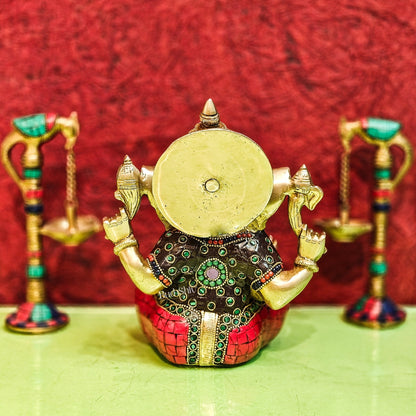 Brass Handcrafted Ganapati Idol with Natural Stones and Pure Brass Rings 8" - Budhshiv.com