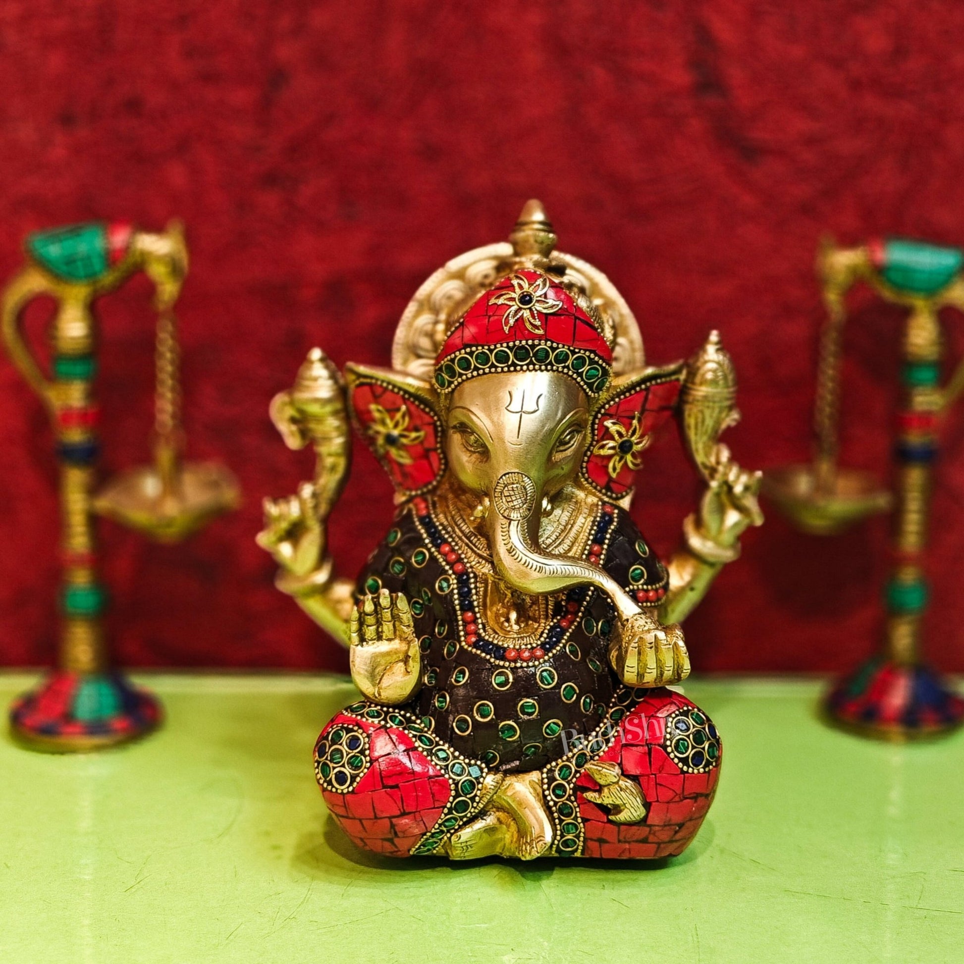 Brass Handcrafted Ganapati Idol with Natural Stones and Pure Brass Rings 8" - Budhshiv.com