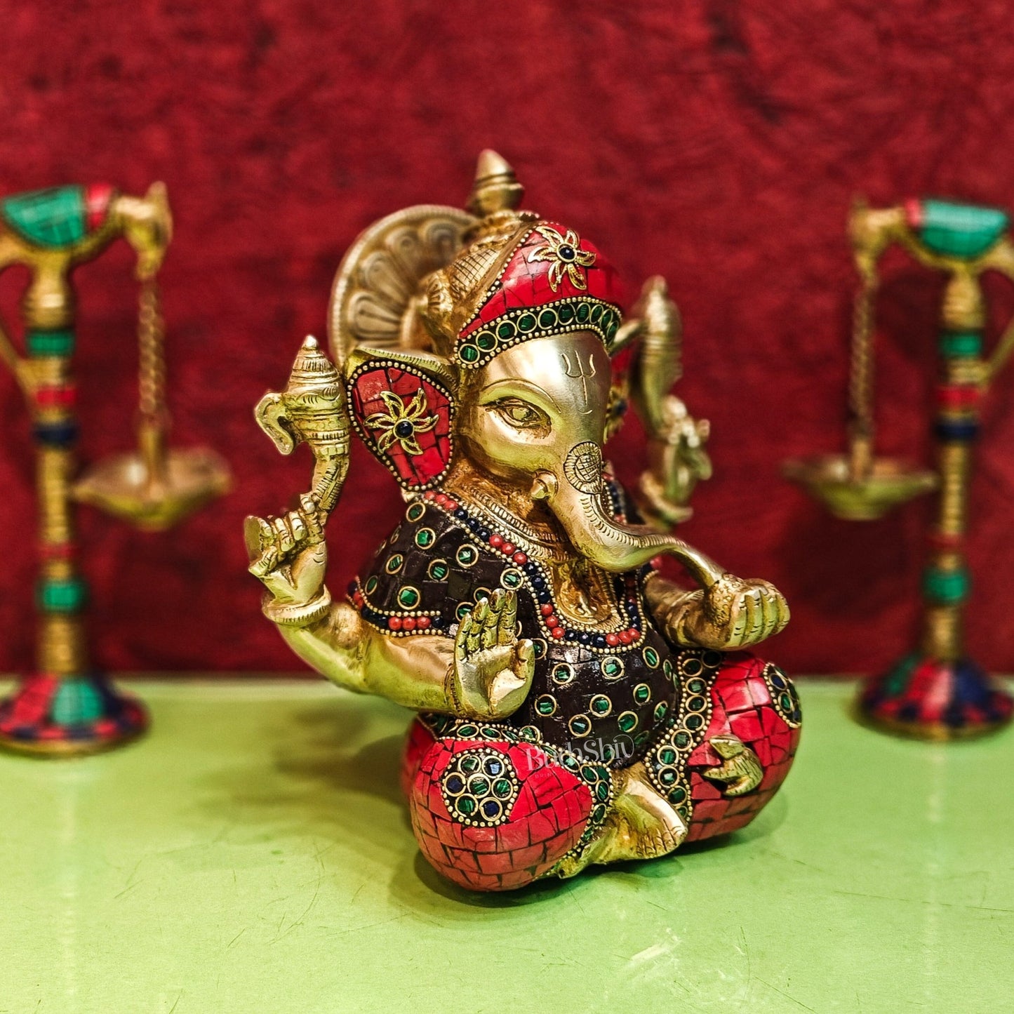 Brass Handcrafted Ganapati Idol with Natural Stones and Pure Brass Rings 8" - Budhshiv.com