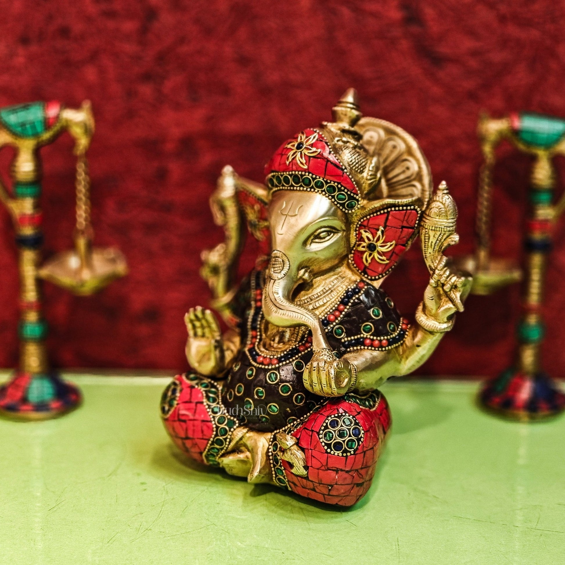 Brass Handcrafted Ganapati Idol with Natural Stones and Pure Brass Rings 8" - Budhshiv.com