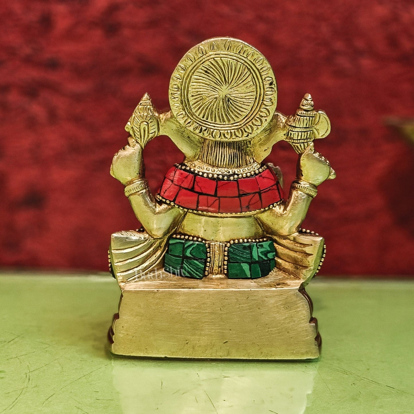 Brass Handcrafted Ganesha Idol Seated on Chair with Natural Stones 5.5" - Budhshiv.com