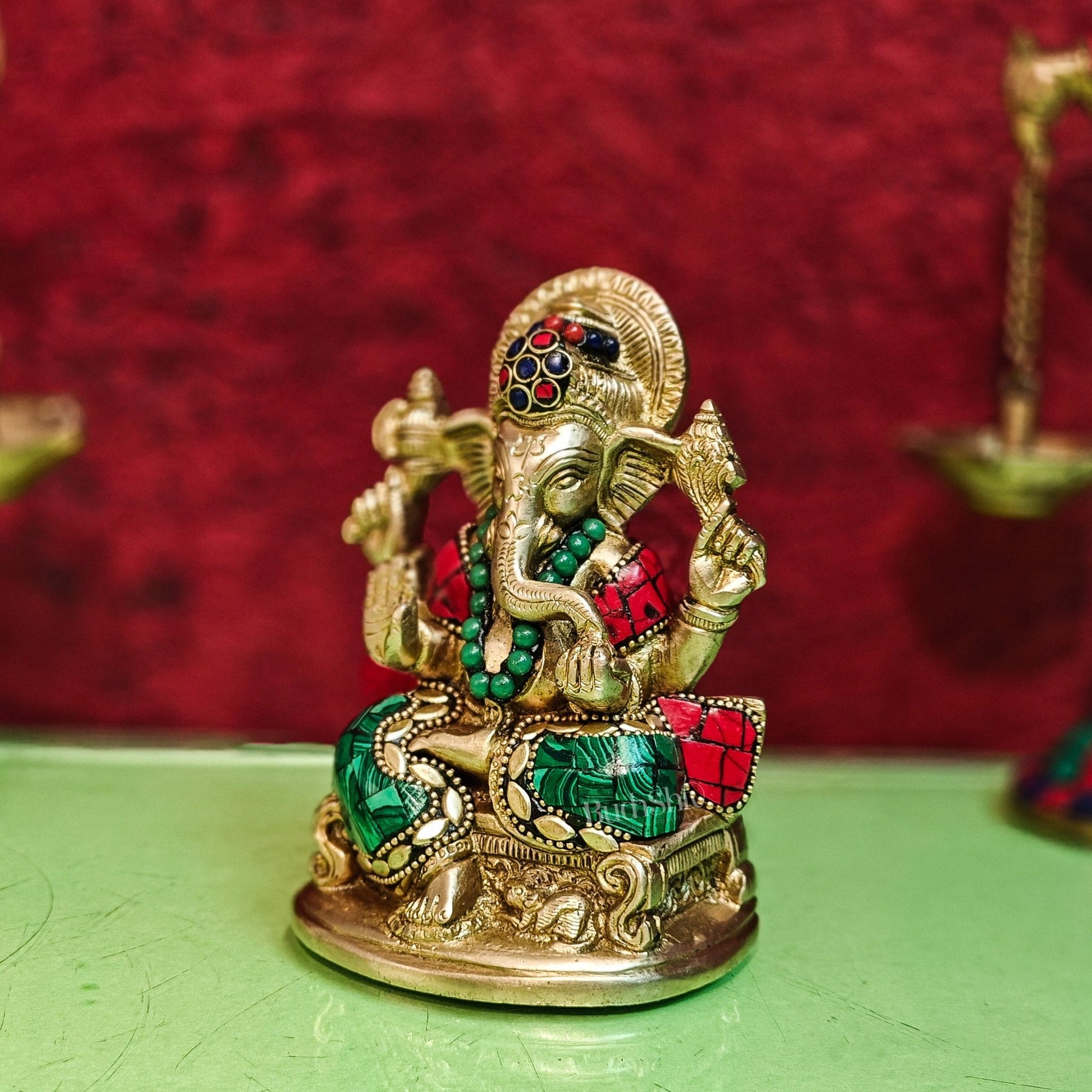 Brass Handcrafted Ganesha Idol Seated on Chair with Natural Stones 5.5" - Budhshiv.com