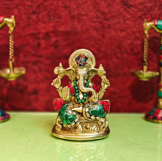 Brass Handcrafted Ganesha Idol Seated on Chair with Natural Stones 5.5" - Budhshiv.com