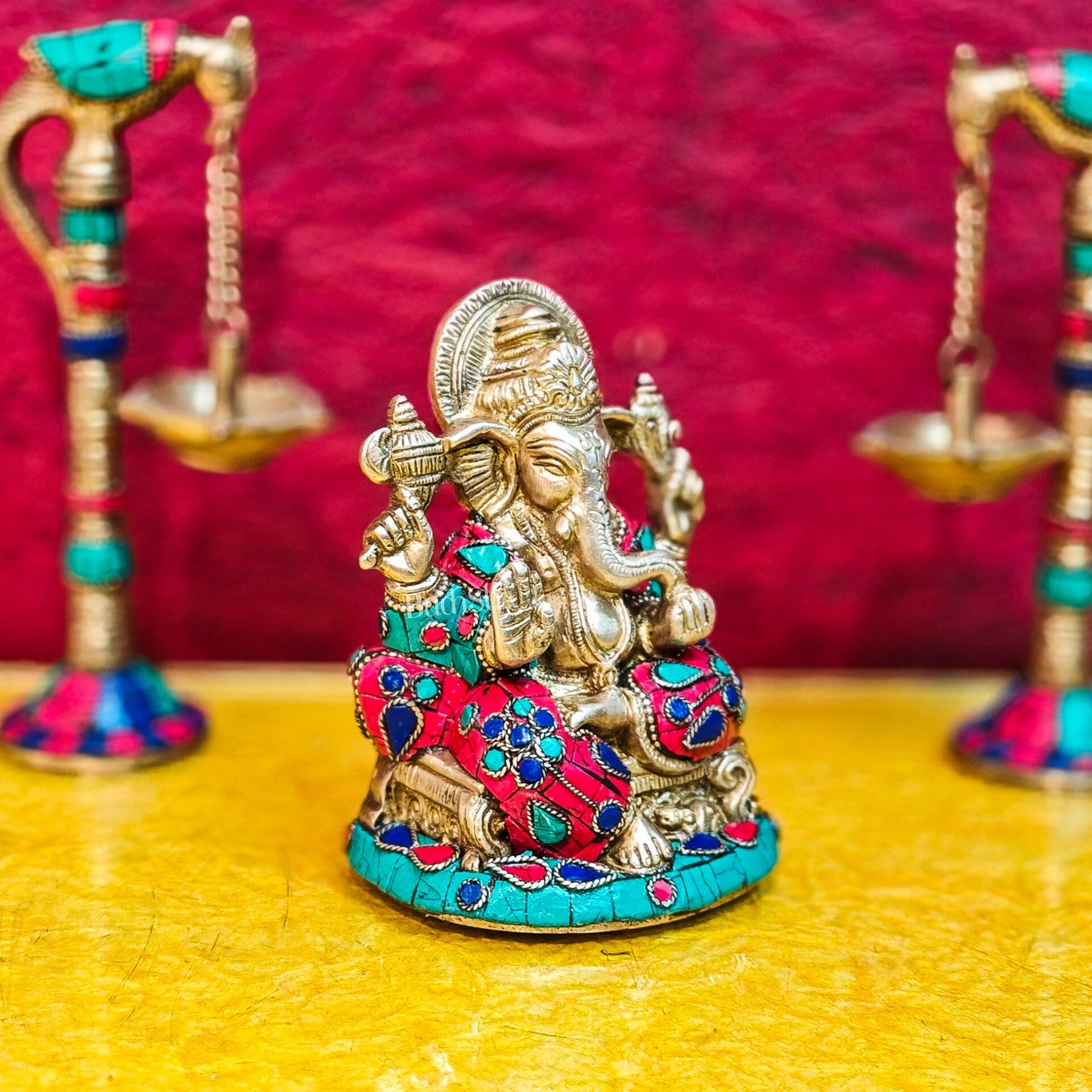 Brass Handcrafted Ganesha Idol Seated on Chair with Natural Stones 5" - Budhshiv.com