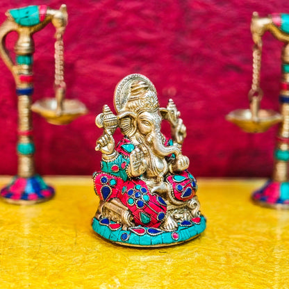 Brass Handcrafted Ganesha Idol Seated on Chair with Natural Stones 5" - Budhshiv.com