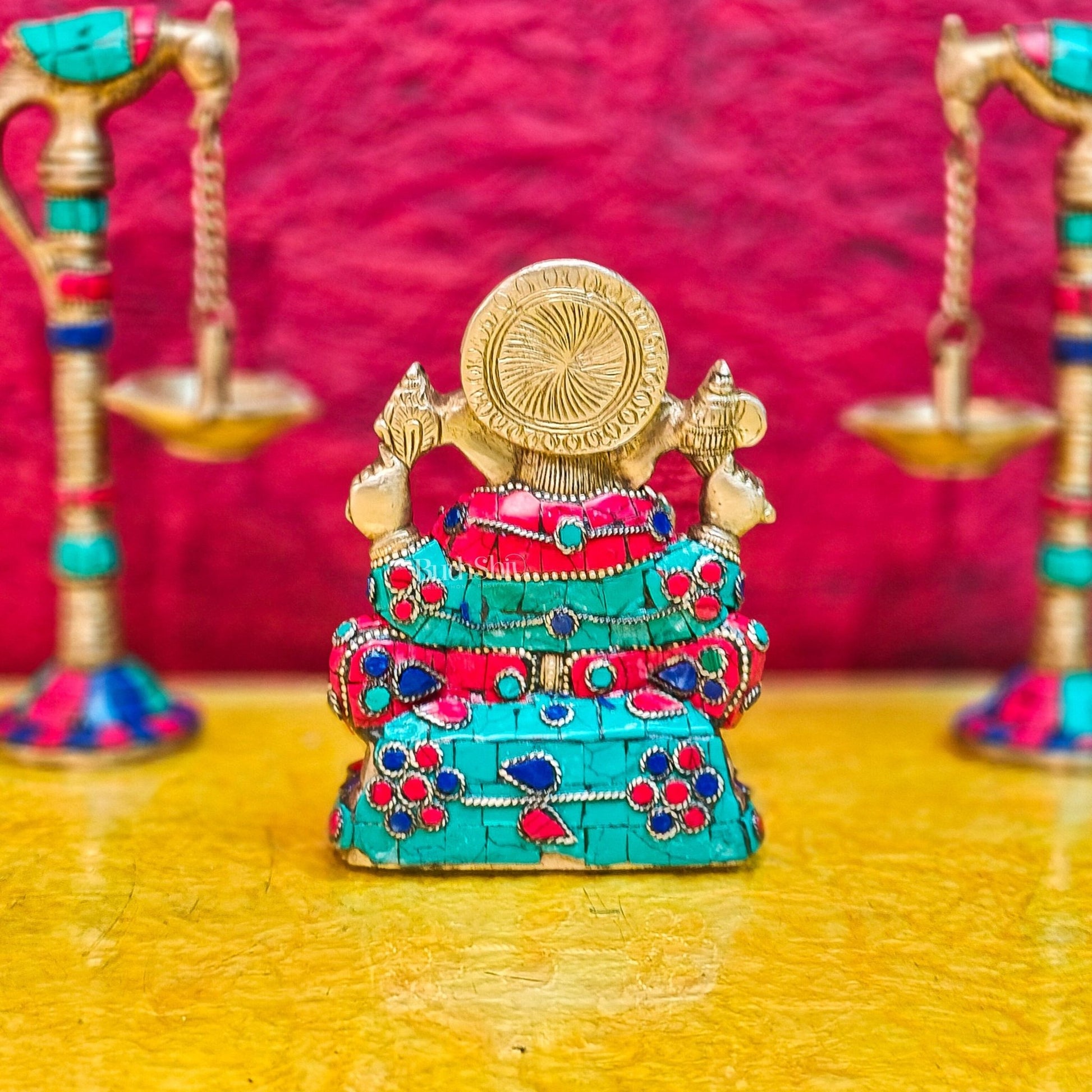 Brass Handcrafted Ganesha Idol Seated on Chair with Natural Stones 5" - Budhshiv.com