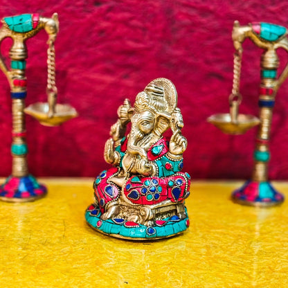 Brass Handcrafted Ganesha Idol Seated on Chair with Natural Stones 5" - Budhshiv.com